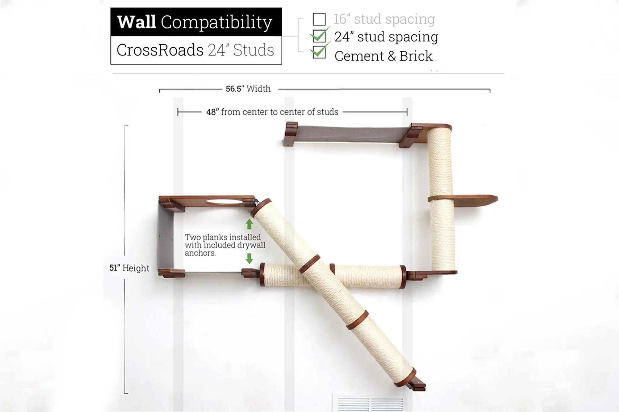 The Crossroads Cat Wall Scratcher Tree with Ramp by Catastrophic Creations; wood and sisal rope cat condo