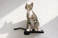 Load image into Gallery viewer, Cat Climbing Shelf on a white wall; black wall-mounted cat steps with a seated tabby cat.

