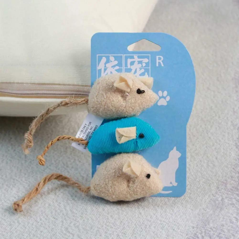 Calsgkspray 3 Pcs Plush Cat Toys Interactive Squeaky Mice With Scratching Post Blue Khaki Colors by Deal US