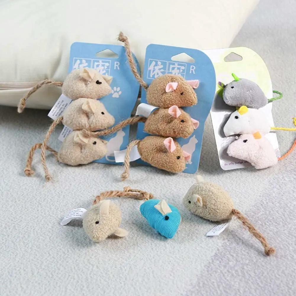 Calsgkspray 3 Pcs Plush Cat Toys Interactive Squeaky Mice With Scratching Post Blue Khaki Colors by Deal US