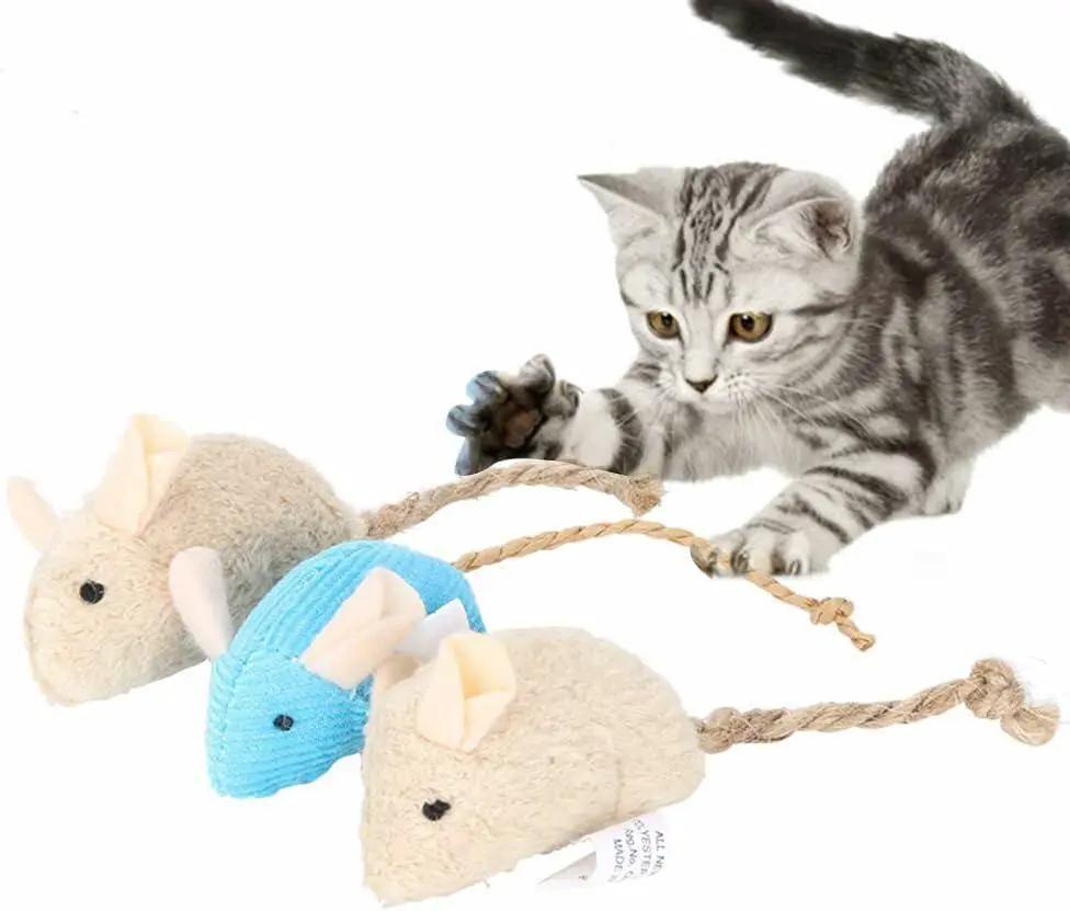 Calsgkspray 3 Pcs Plush Cat Toys Interactive Squeaky Mice With Scratching Post Blue Khaki Colors by Deal US
