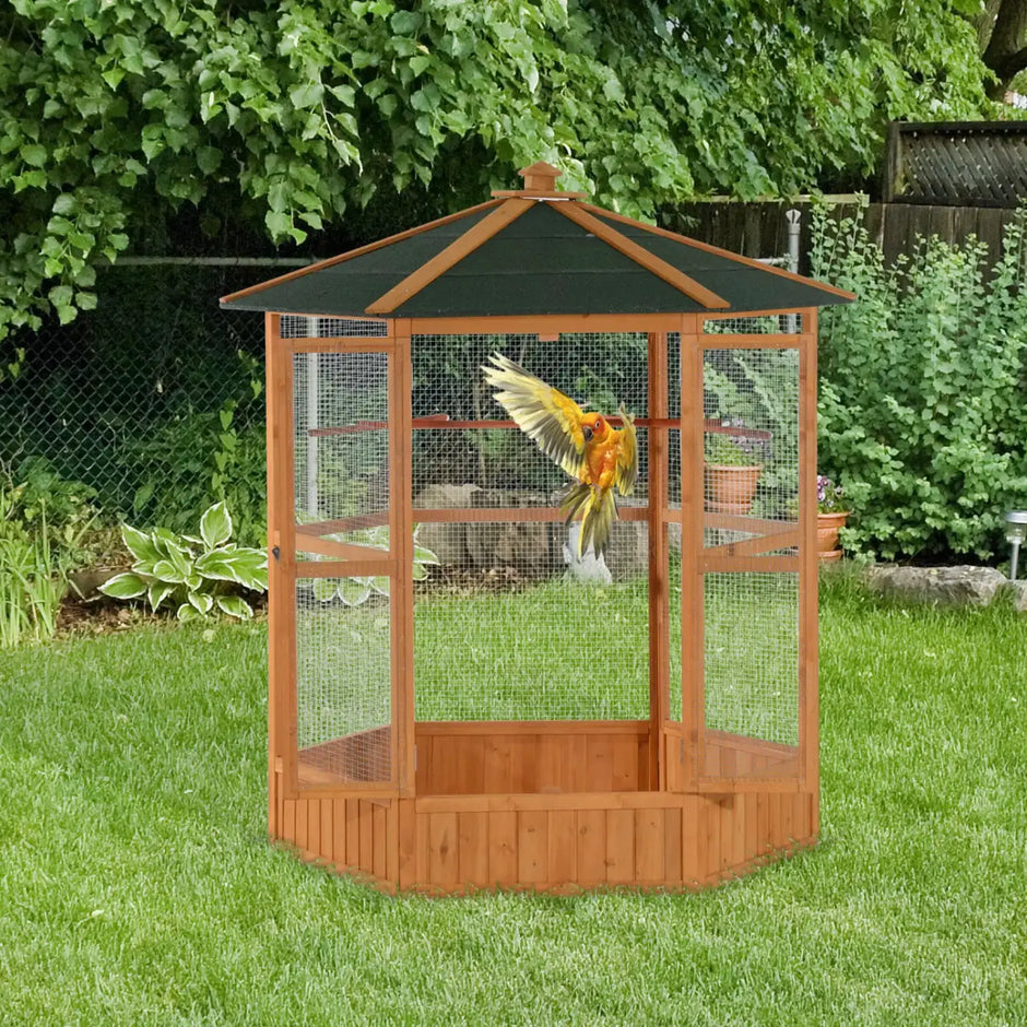 Luxurious Walk In Hexagonal Outdoor Bird Aviary Crafted From Durable Fir Wood With Secure Mesh Panels For Large Birds by ARBA Global
