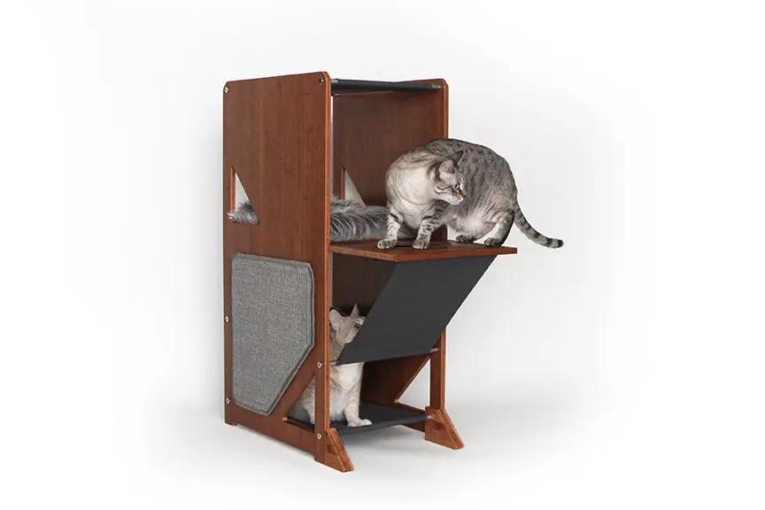 The Overlook bamboo cat condo with two cats on upper and lower shelves and a gray ramp panel