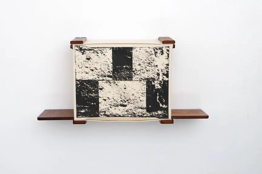Cat Cubby for Wall bed by Catastrophic Creations; wall-mounted, black-and-white patchwork cover with wood shelves.