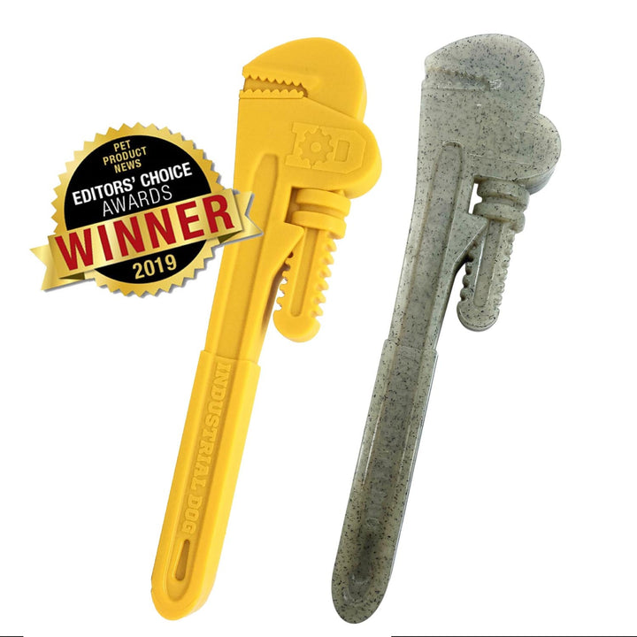 SodaPup Pipe Wrench nylon dog chew toy in yellow or brown