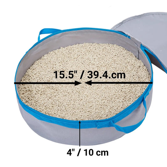 Mr. Peanut's PortaPotty travel cat litter box, gray with blue trim and handle, filled with pellets.
