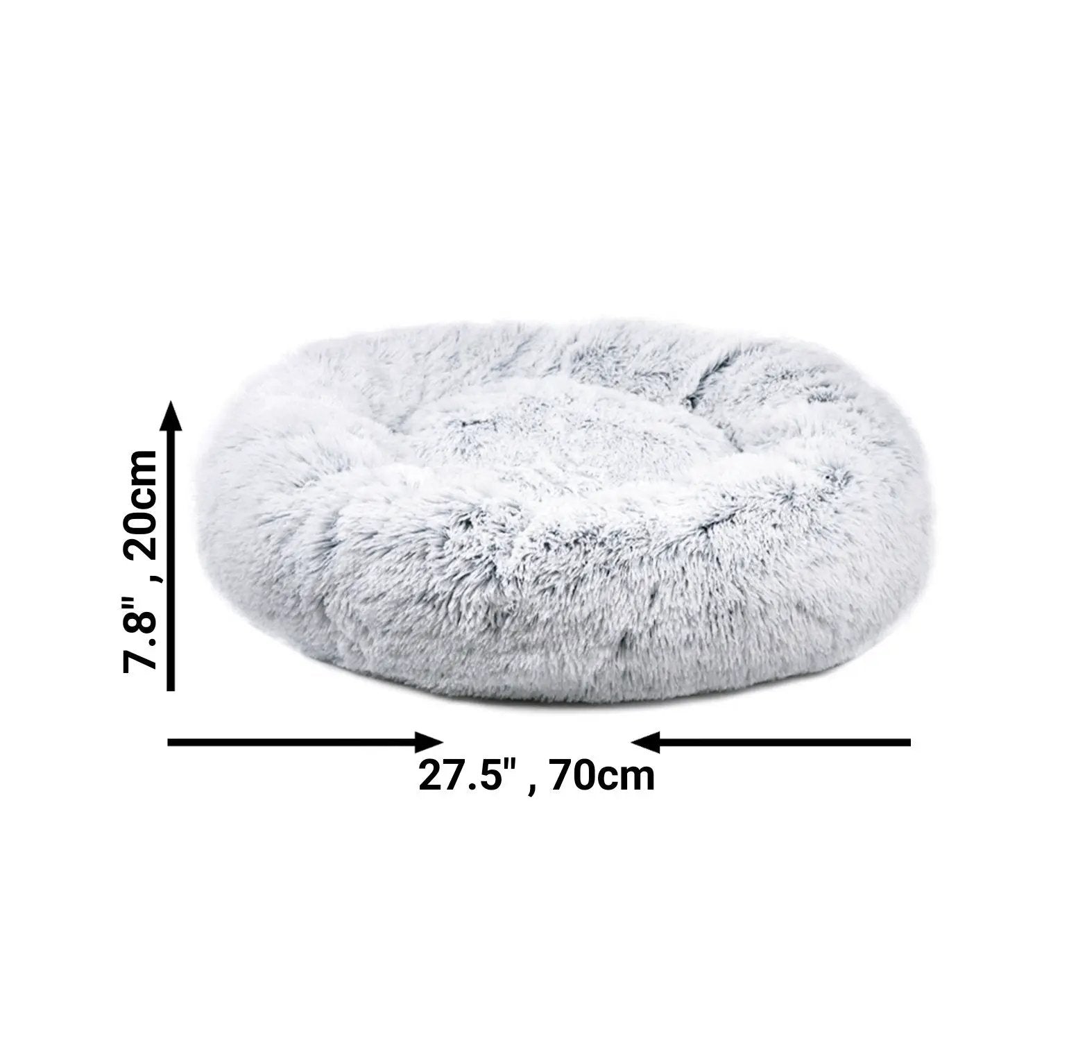 Mr. Peanut's OrthoPlush Pet Bed, round pillow bed in snowflake white two-tone plush, 27.5-inch diameter.
