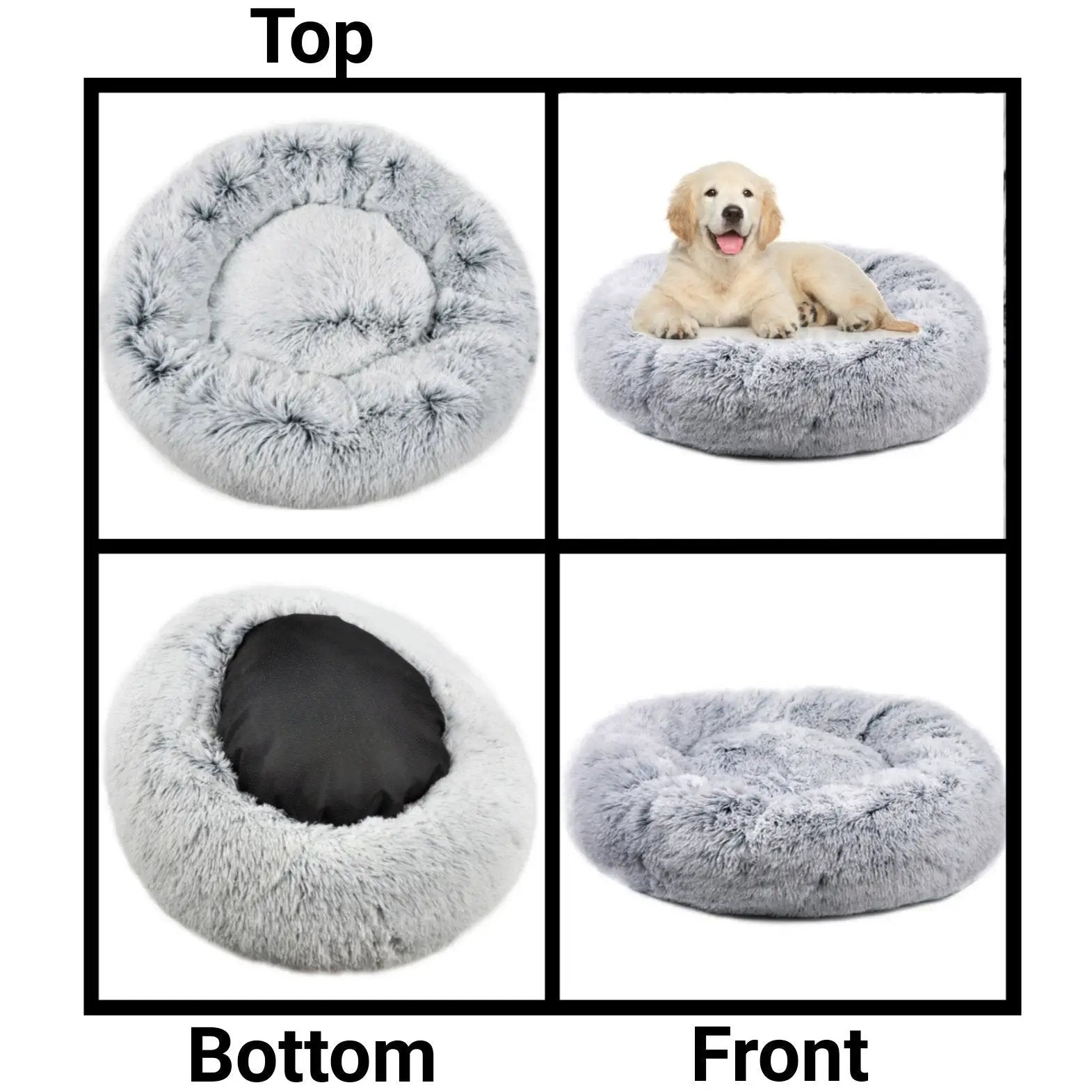 Mr. Peanut's OrthoPlush donut pet beds in gray two-tone; two beds shown with a puppy on one