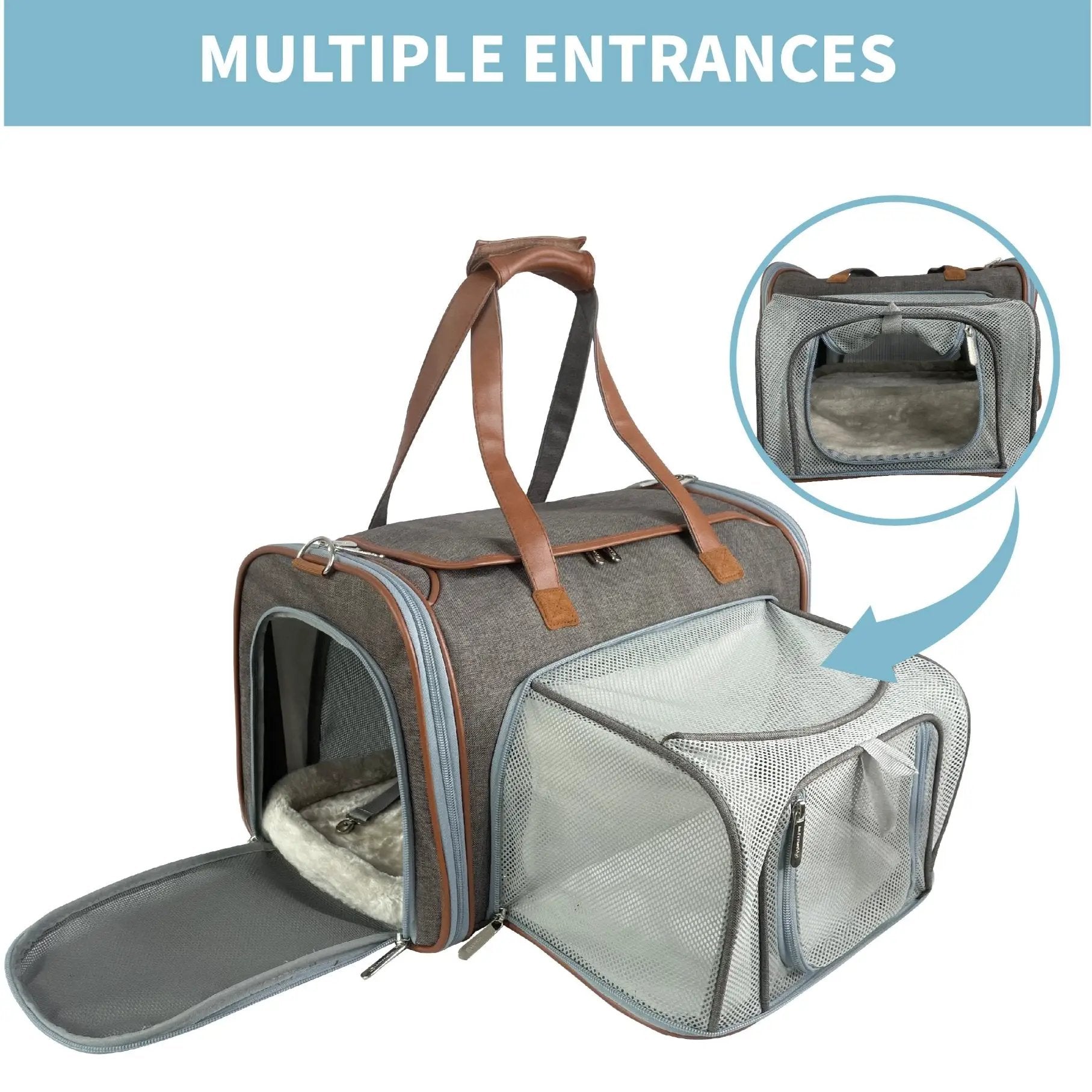 Mr. Peanut's Gold Series Big Apple XL Expandable Pet Carrier V3.0; grey fabric with brown straps, mesh panels
