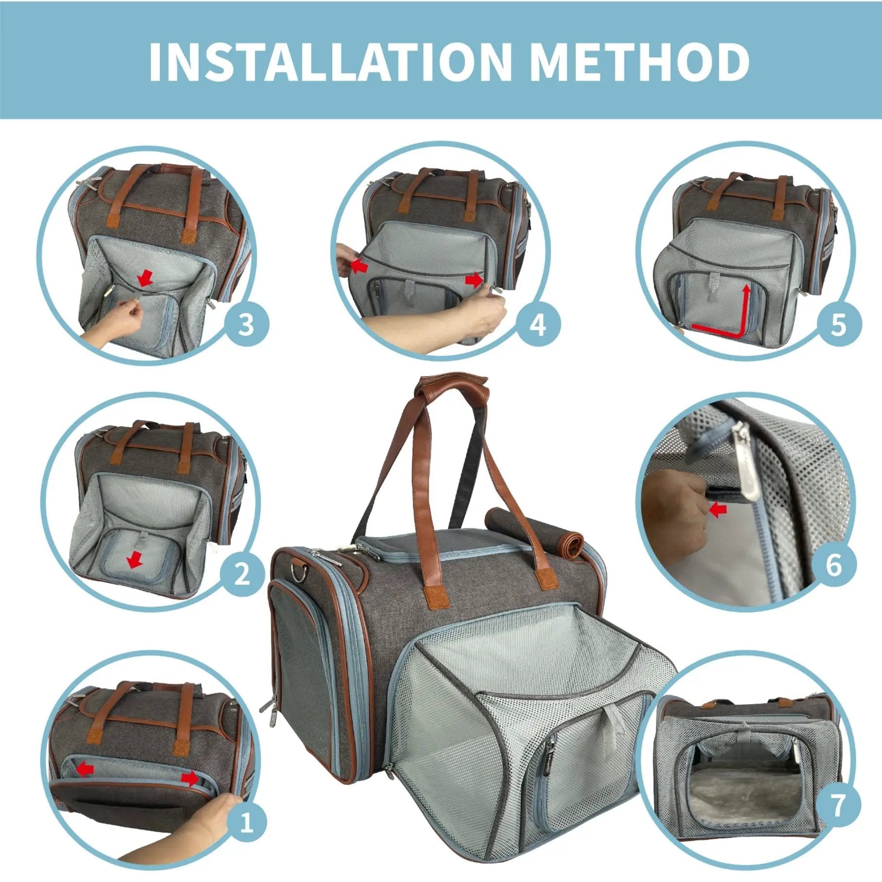 Mr. Peanut's Gold Series XL Expandable Pet Carrier V3.0, gray with brown straps, air travel approved