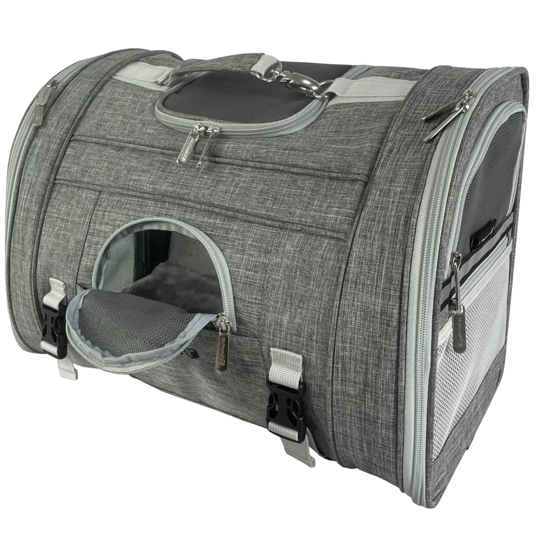 Mr. Peanut's Monterey Series airline-compliant horizontal backpack pet carrier in grey fabric with mesh panels