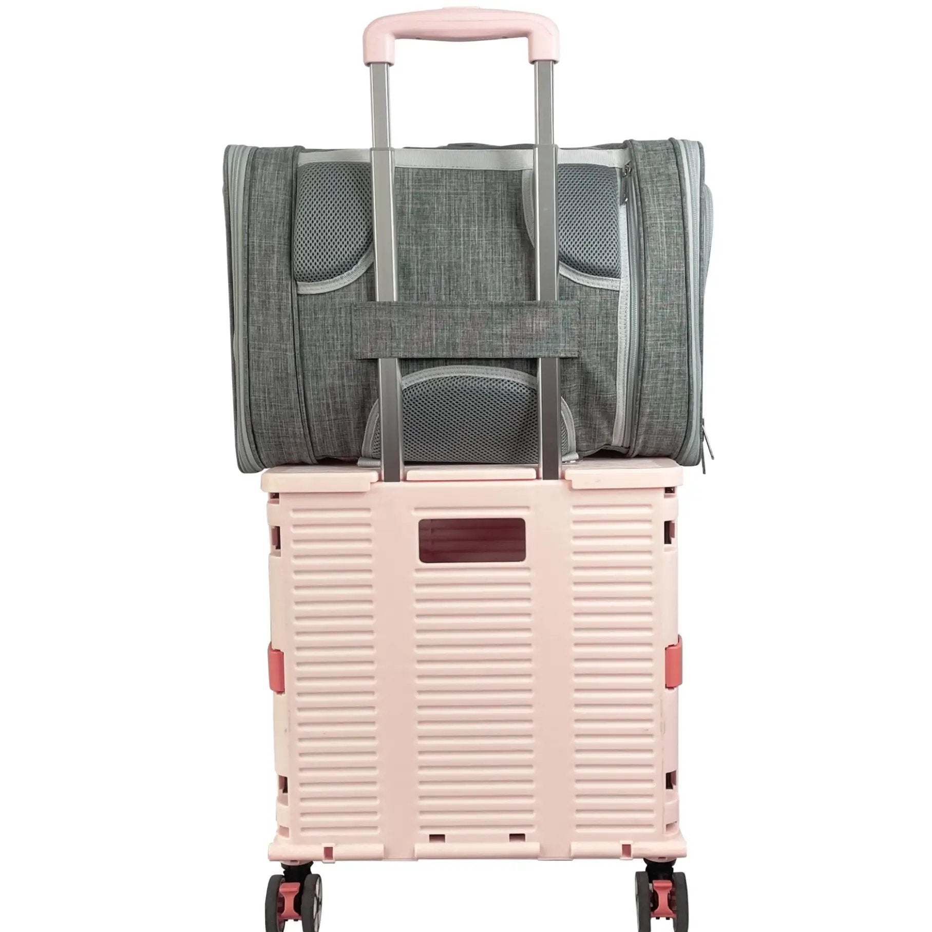 Mr. Peanut's Monterey Series airline-compliant horizontal backpack pet carrier, gray fabric with pink accents