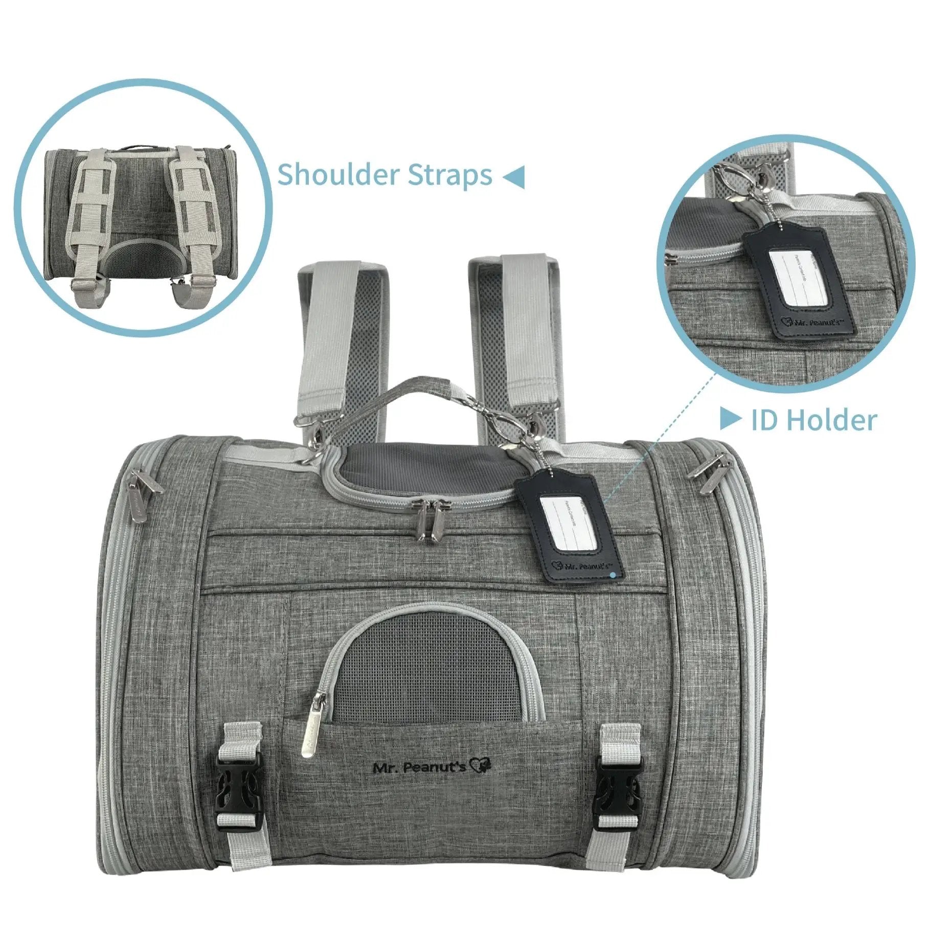 Mr. Peanut's Monterey Series airline-compliant horizontal pet carrier backpack in gray fabric with padded straps
