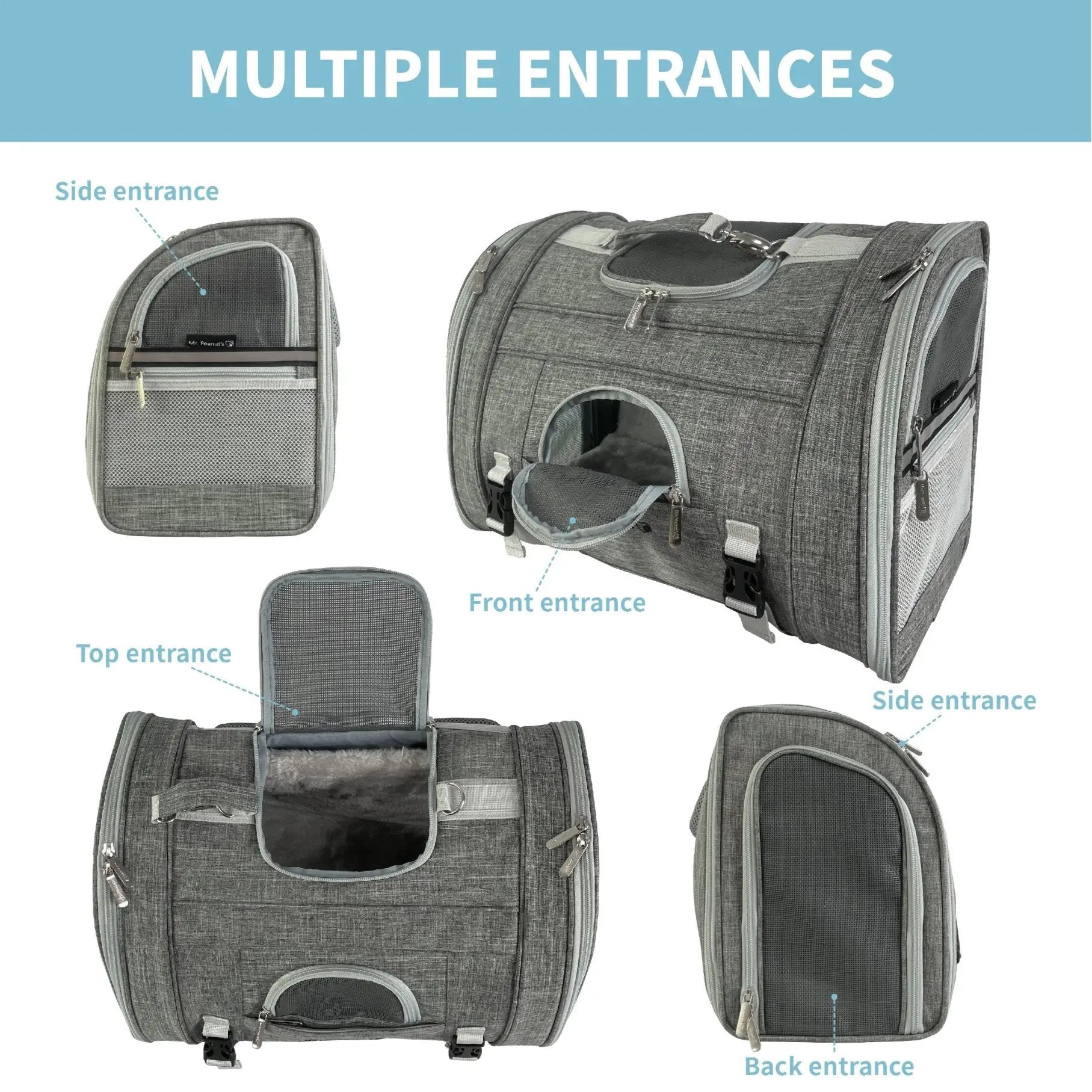Mr. Peanut's Monterey Series airline-compliant horizontal backpack pet carrier in gray with multiple entrances.