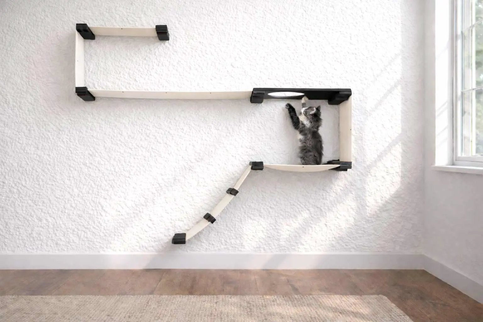Cat condo wall system The Play, beige panels with black connectors, wall-mounted, curved ramp.