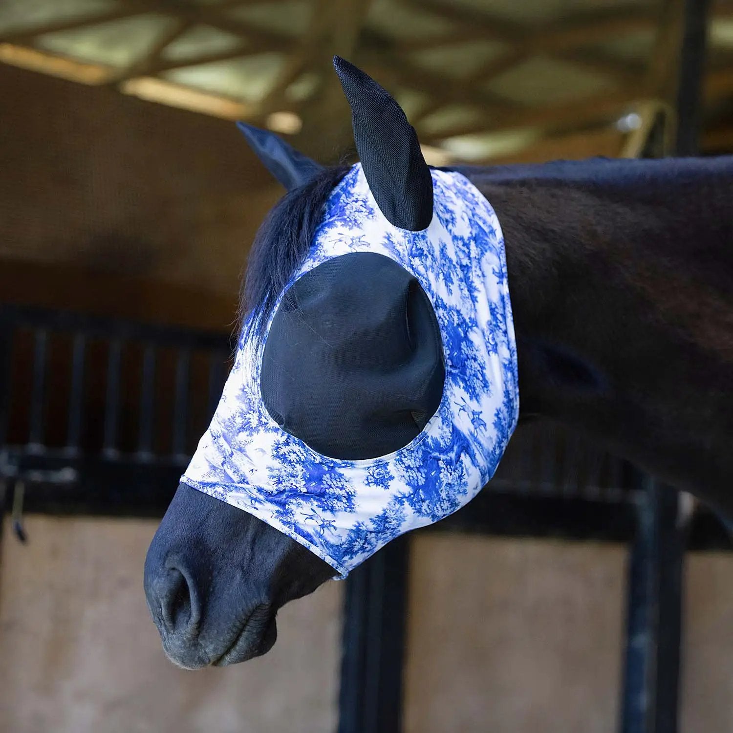 Jeffers Expression Lycra horse fly mask with ears in blue-and-white toile pattern