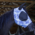 Bild in Galerie-Betrachter laden, Jeffers Expression Lycra horse fly mask with ears in blue floral pattern on a dark horse
