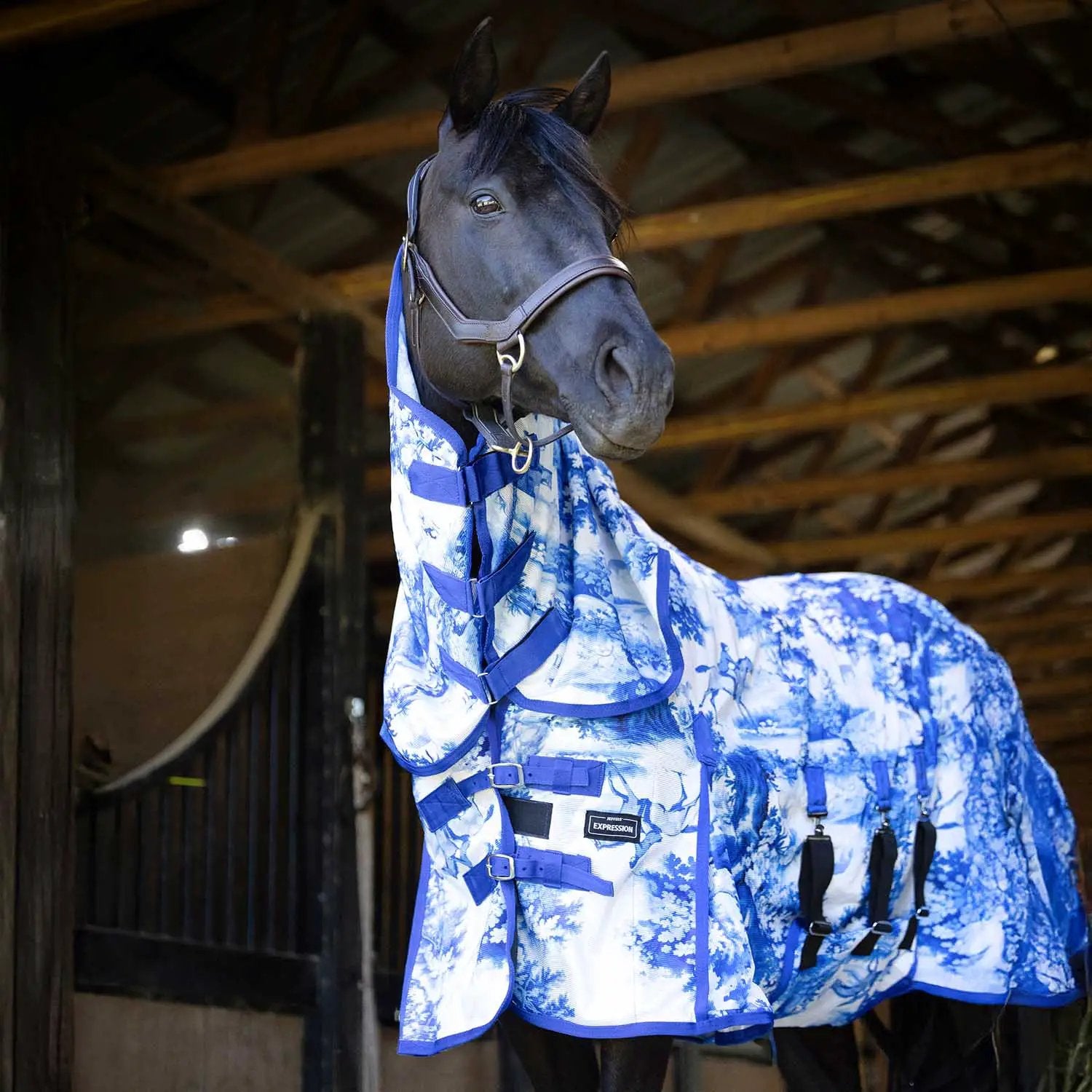 Jeffers Expression softmesh combo neck horse fly sheet in blue floral print