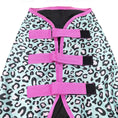 Load image into Gallery viewer, Jeffers Expression Softmesh Combo Neck Horse Fly Sheet with pink straps on teal leopard-print fabric.
