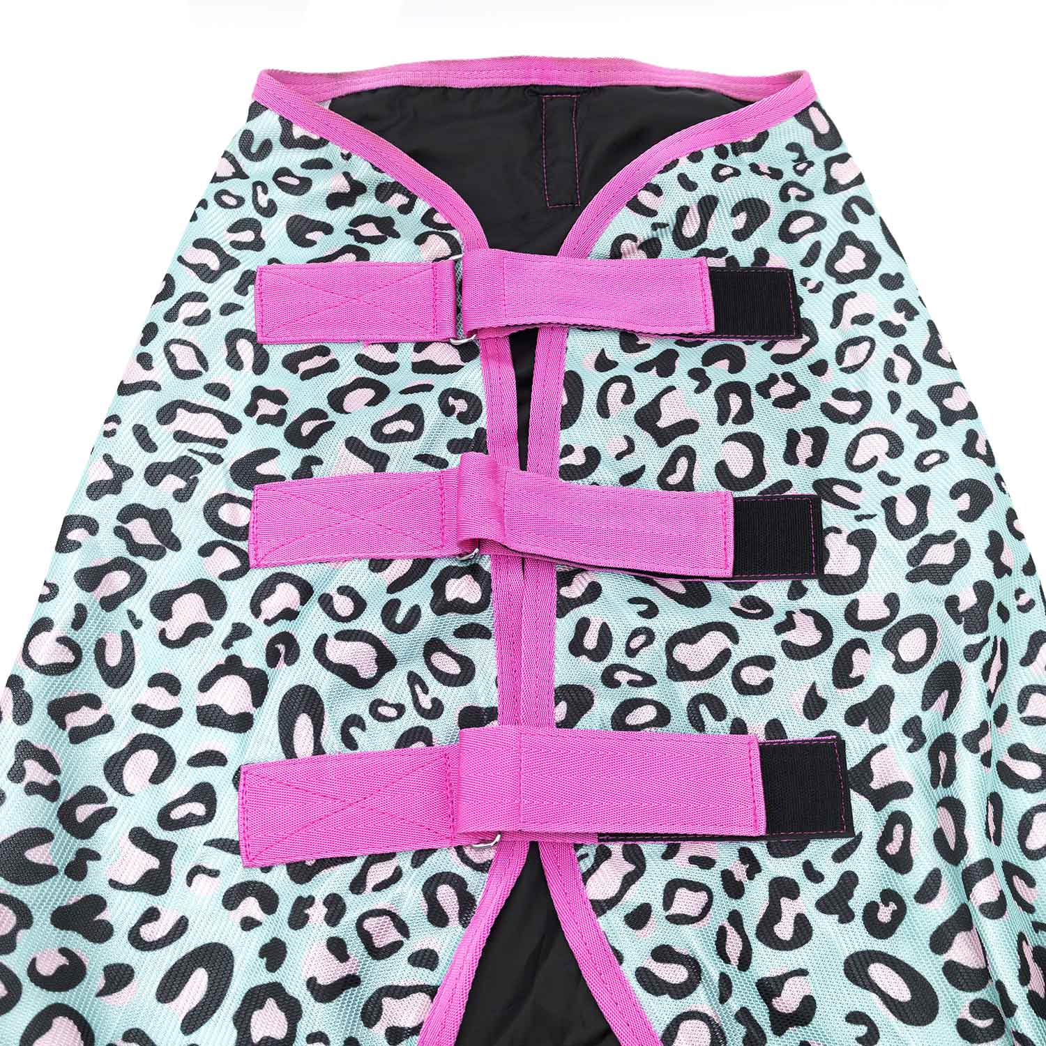 Jeffers Expression Softmesh Combo Neck Horse Fly Sheet with pink straps on teal leopard-print fabric.