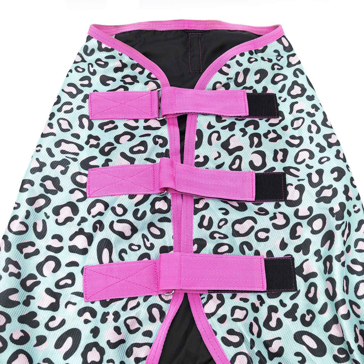 Jeffers Expression Softmesh Combo Neck Horse Fly Sheet with pink straps on teal leopard-print fabric.