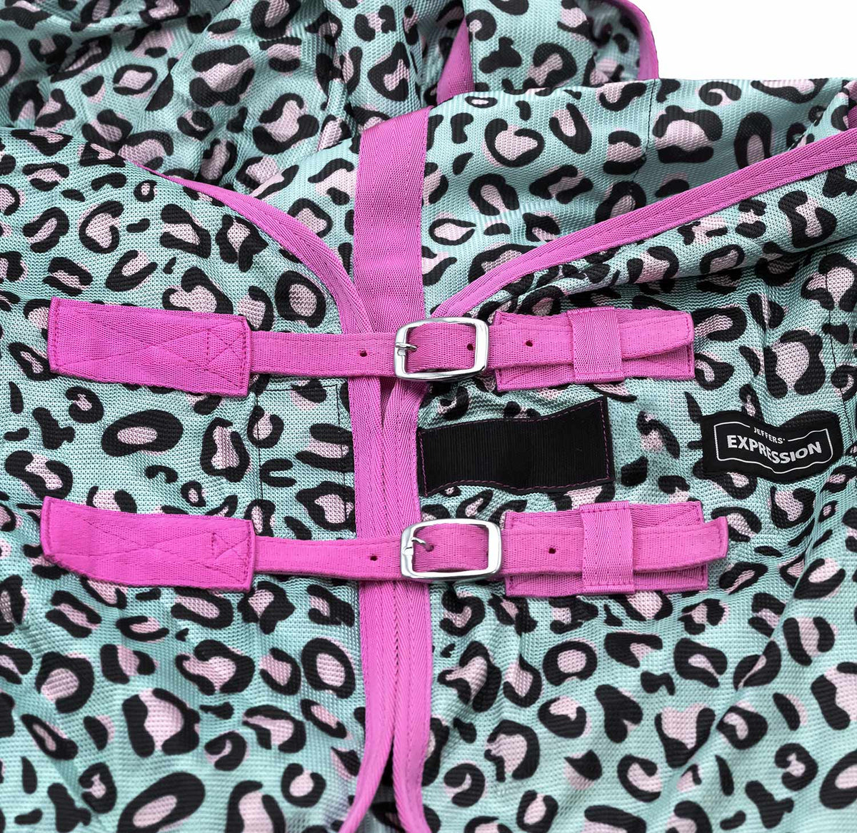 Jeffers Expression Softmesh Combo Neck Horse Fly Sheet, teal leopard print with pink straps and silver buckles