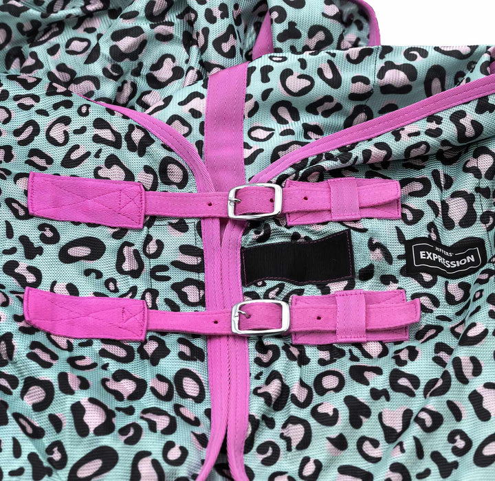 Jeffers Expression Softmesh Combo Neck Horse Fly Sheet, teal leopard print with pink straps and silver buckles