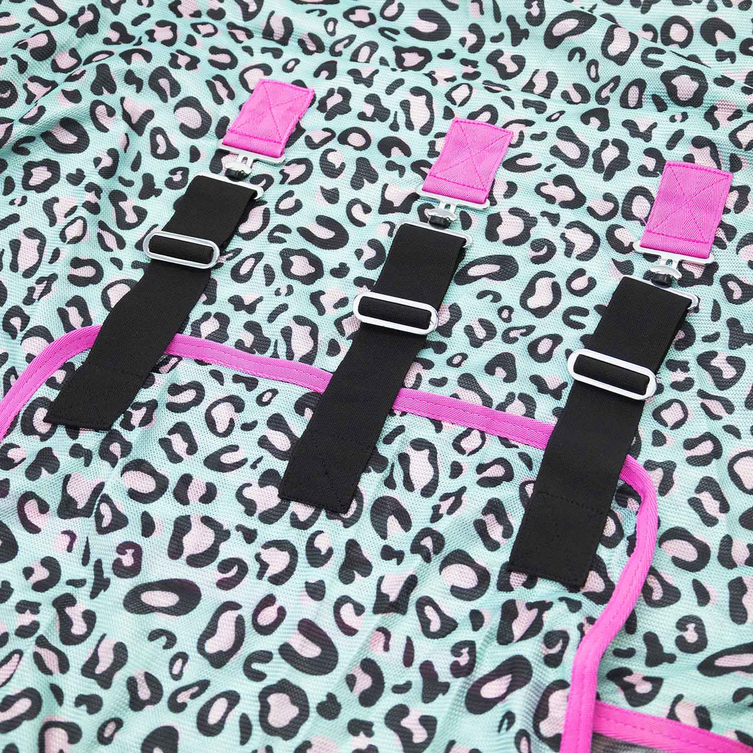 Jeffers Expression Softmesh Combo Neck Horse Fly Sheet with pink trim and black straps on leopard-print fabric