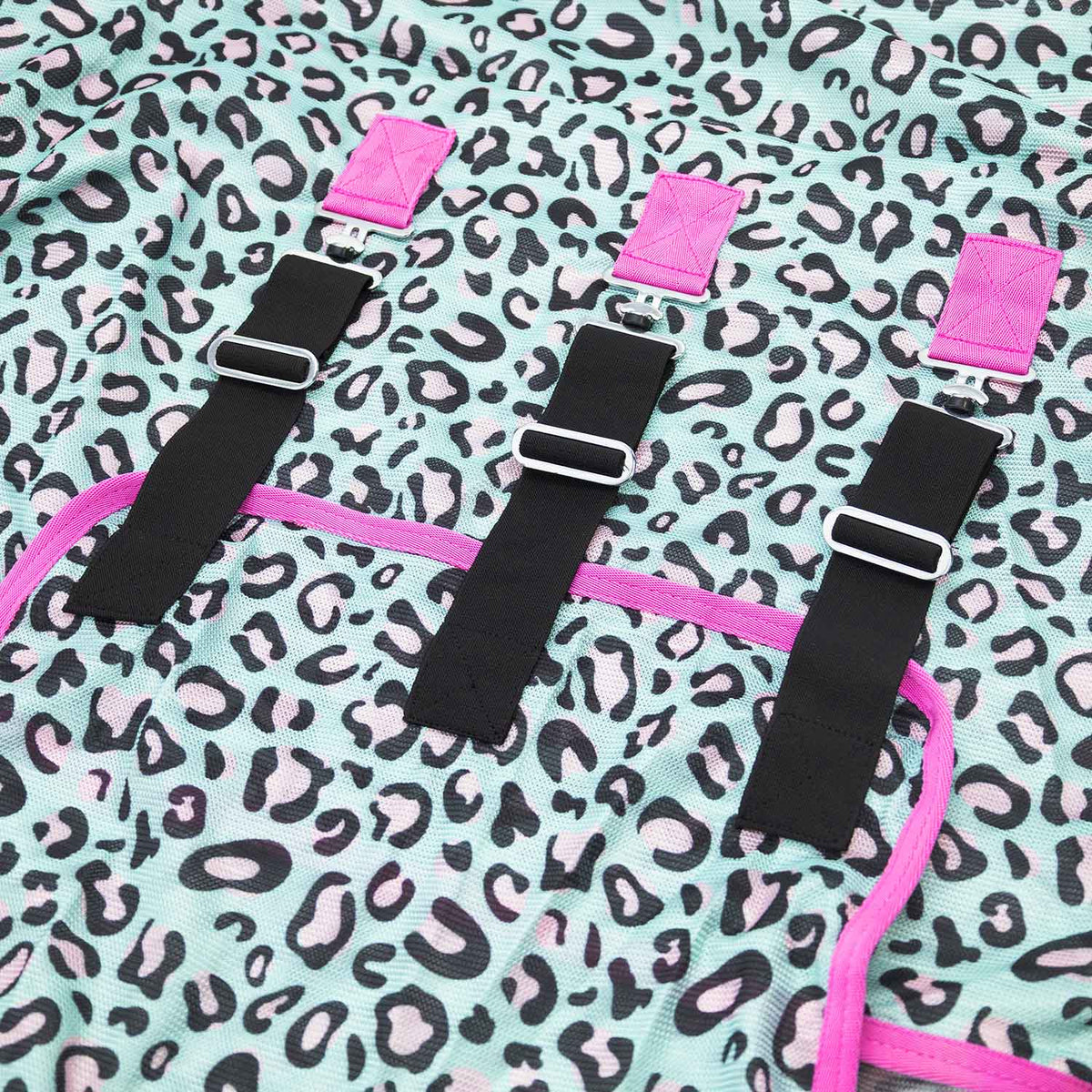 Jeffers Expression Softmesh Combo Neck Horse Fly Sheet with pink trim and black straps on leopard-print fabric