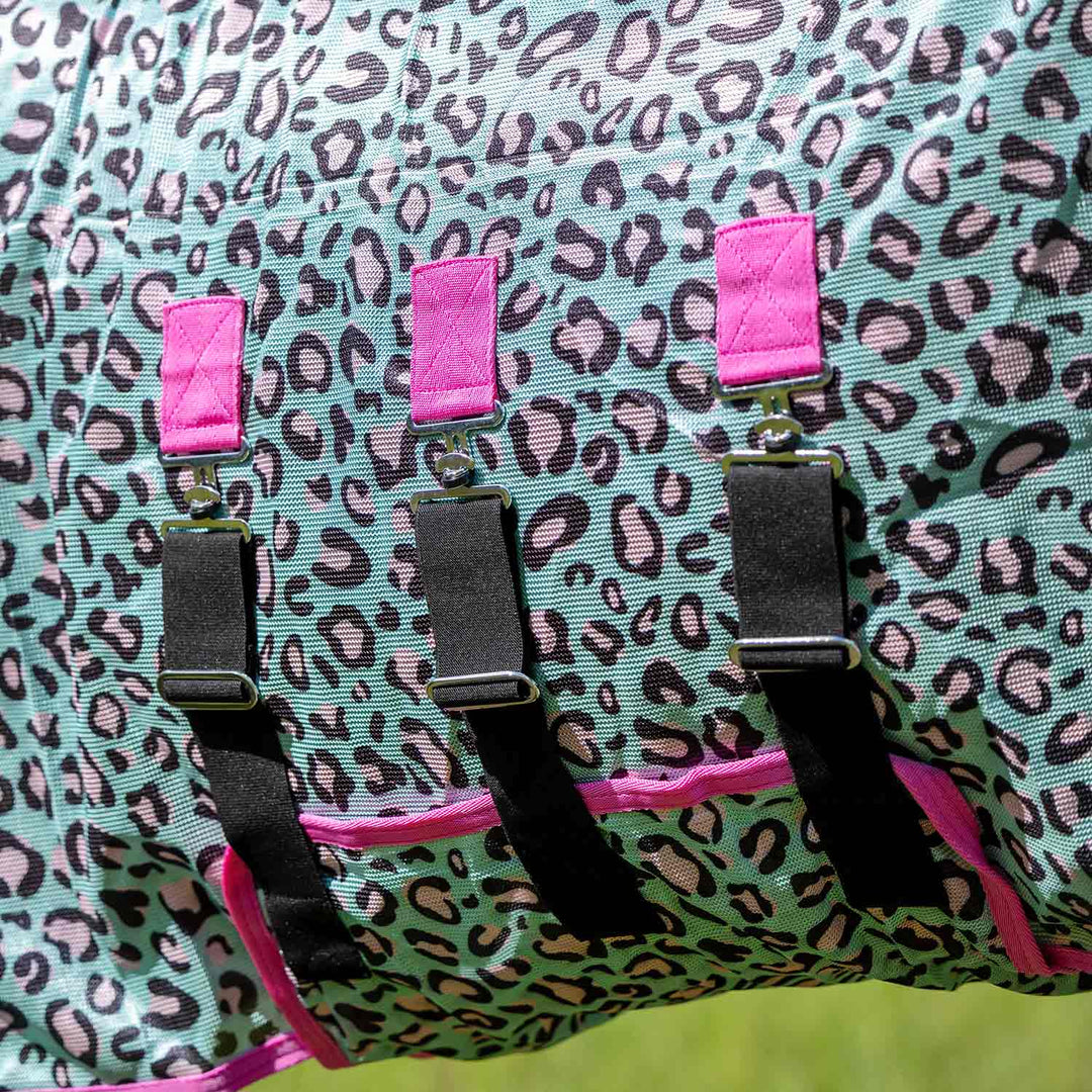 Jeffers Expression Softmesh Combo Neck Horse Fly Sheet, aqua leopard print with pink webbing and black buckles