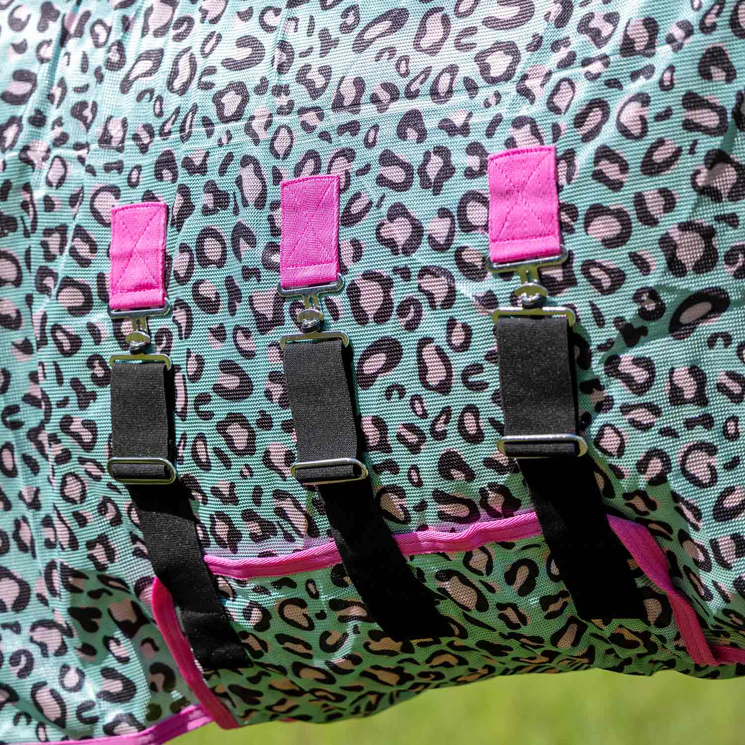 Jeffers Expression Softmesh Combo Neck Horse Fly Sheet, aqua leopard print with pink webbing and black buckles