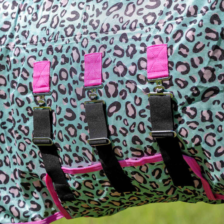Jeffers Expression Softmesh Combo Neck Horse Fly Sheet, aqua leopard print with pink webbing and black buckles