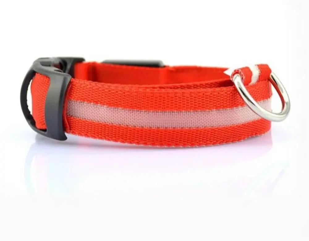 Red LumaGlow adjustable LED dog collar with a pale center strip, black buckle, and metal D-ring.