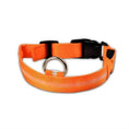 Bild in Galerie-Betrachter laden, Orange LumaGlow LED dog collar showing the adjustable strap, black side-release buckle, pale center strip, and metal D-ring.
