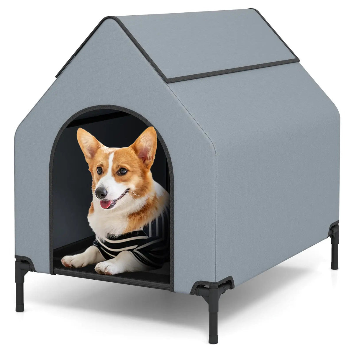 DirectDeals outdoor elevated dog house with ventilated windows in gray fabric.