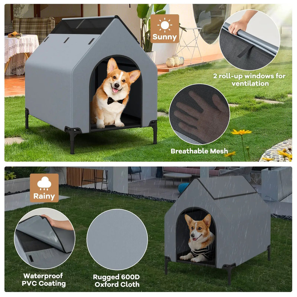 Outdoor elevated dog house in gray with 2 roll-up ventilation windows and breathable mesh