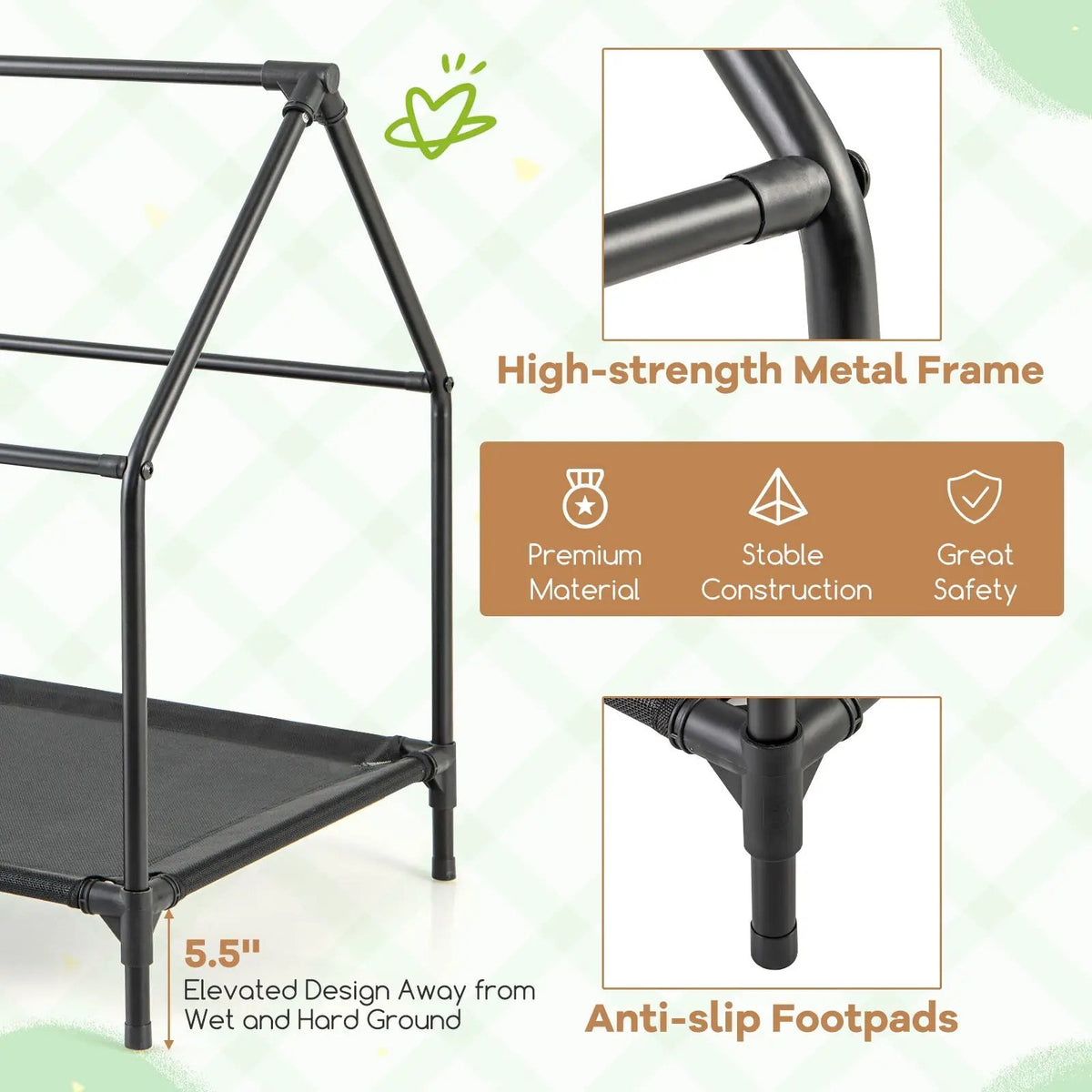 Outdoor elevated dog house with ventilated windows and a black metal frame