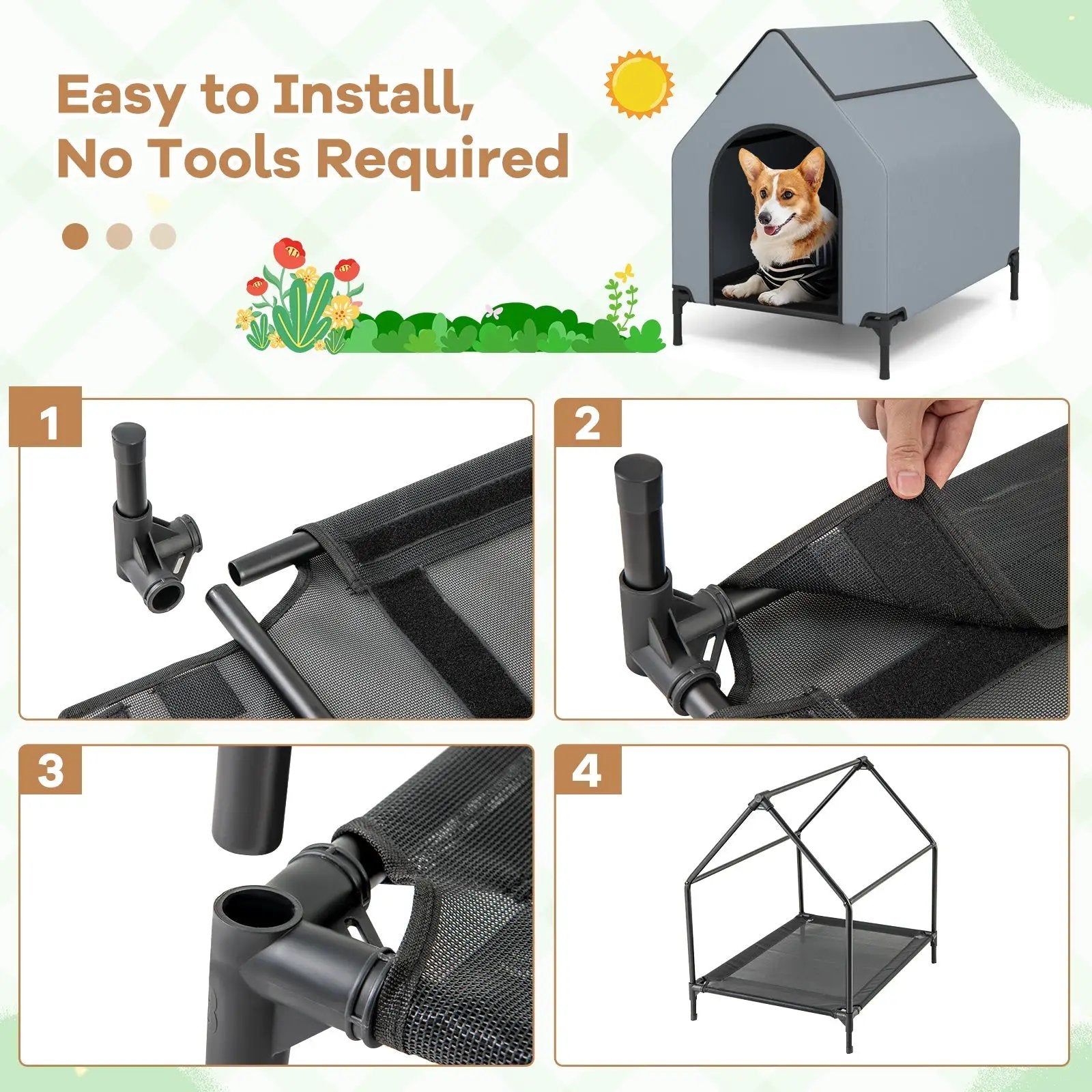 DirectDeals outdoor elevated dog house in gray with vented windows and four-step assembly guide.