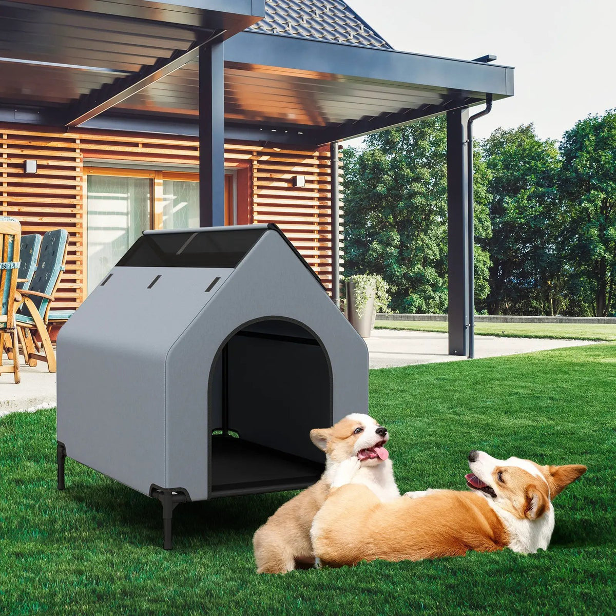 DirectDeals outdoor elevated dog house with ventilated windows in gray