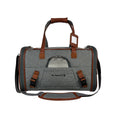 Carica l'immagine nel visualizzatore della galleria, Mr. Peanut's Gold Series V2.0 Pet Carrier, gray fabric with brown leather trim, top handles and front logo.

