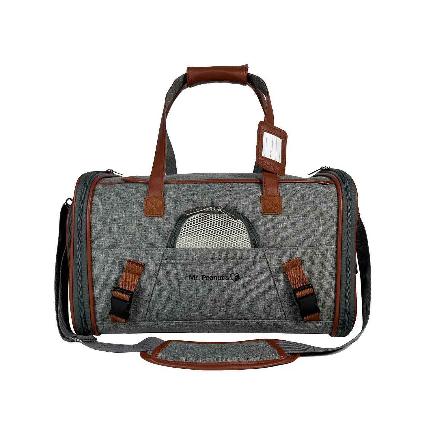 Mr. Peanut's Gold Series V2.0 Pet Carrier, gray fabric with brown leather trim, top handles and front logo.