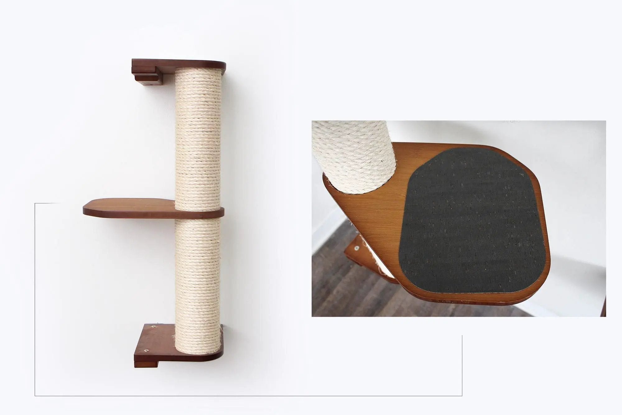 Wall Mounted Cat Scratcher by Catastrophic Creations with sisal rope climbing post and wooden platforms