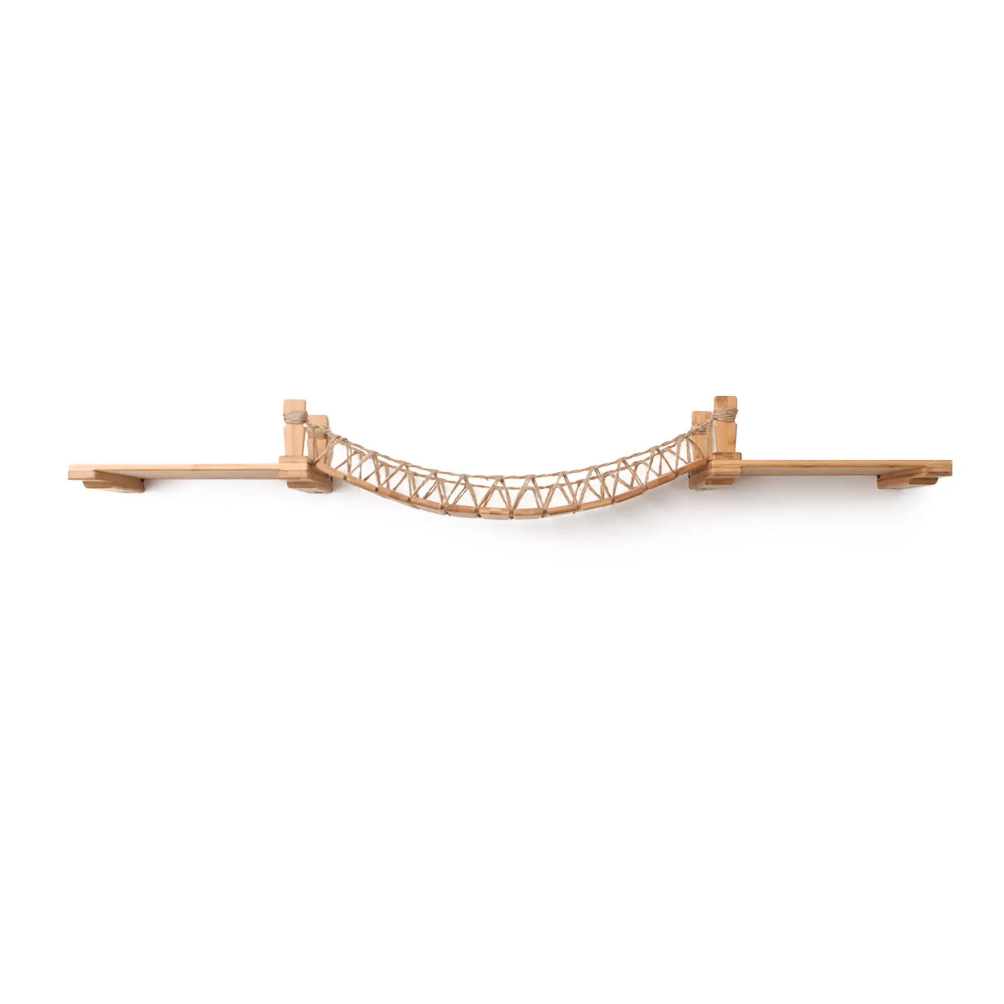Cat Wall Bridge and Shelf Set by Catastrophic Creations; natural wood cat bridge with rope netting between posts