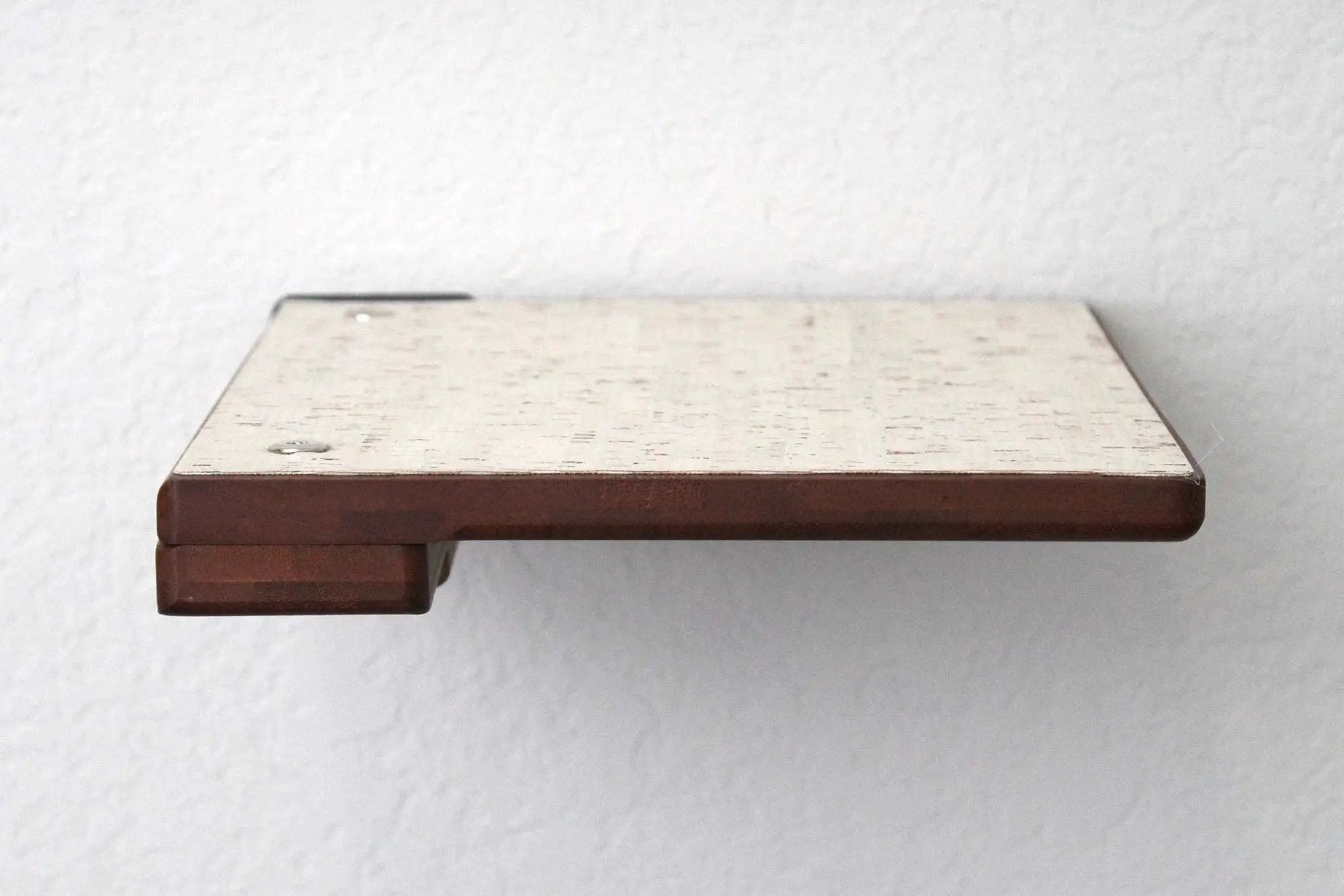 Cat Climbing Shelf from Catastrophic Creations; wall-mounted cat shelf with whitewashed top and dark brown wood legs