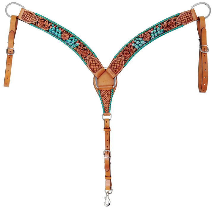 Rafter T Painted Cactus breast collar for horse by Jeffers; turquoise and tan leather with cactus floral design.