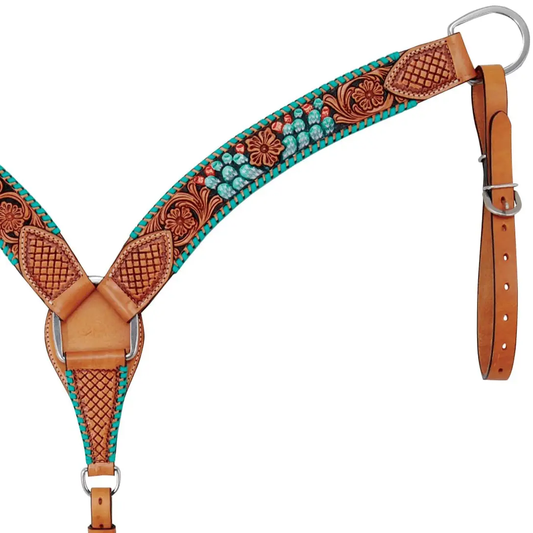 Rafter T Painted Cactus Breast Collar by Jeffers, turquoise and brown leather horse tack