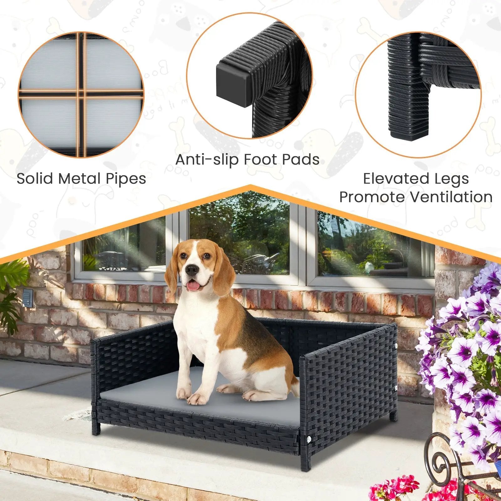 Rattan Dog Bed With Waterproof Cushion For Small Medium Dogs Gray by DirectDeals