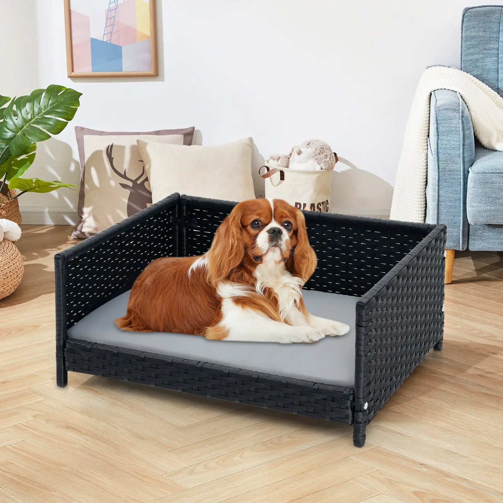 Rattan Dog Bed With Waterproof Cushion For Small Medium Dogs Gray by DirectDeals