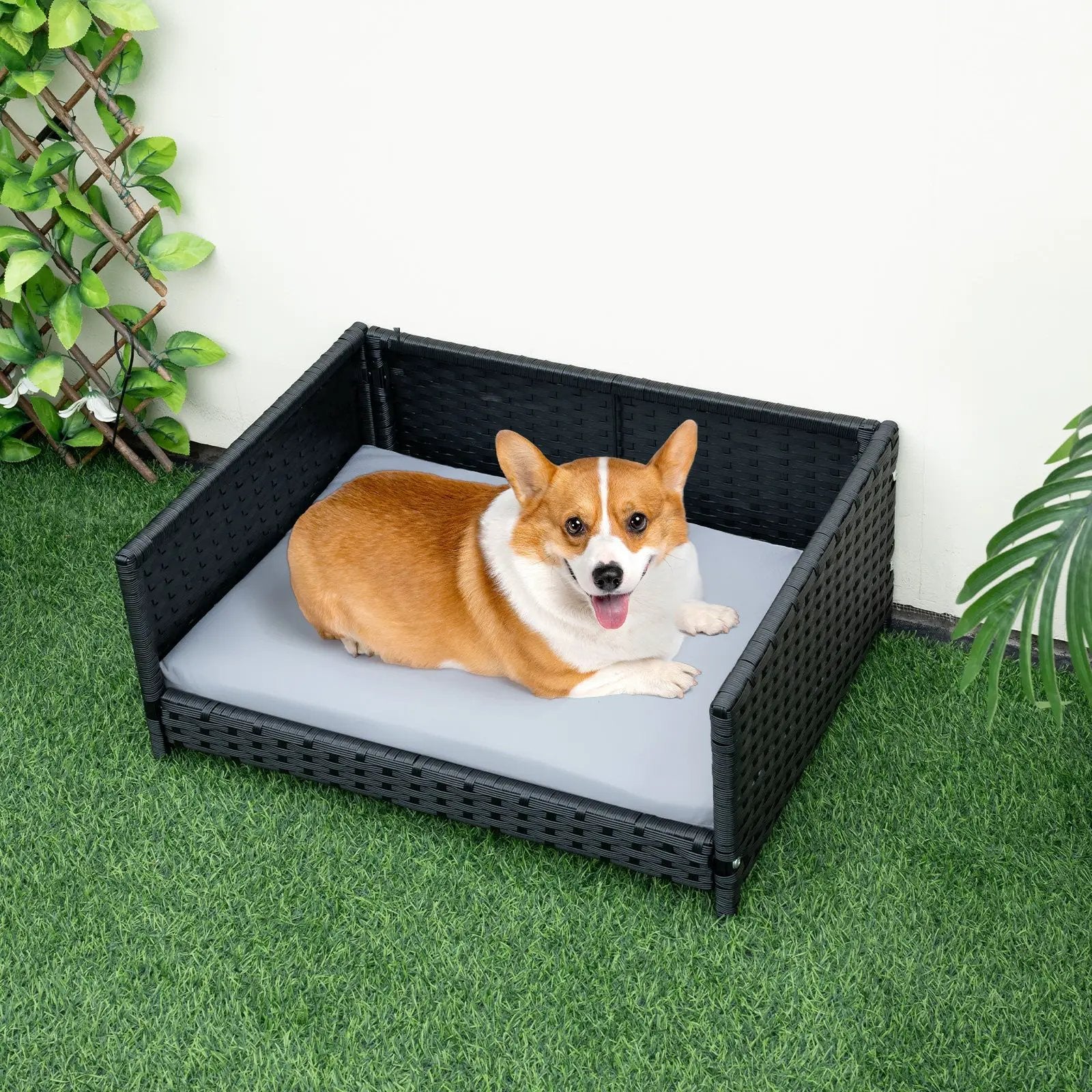 Rattan Dog Bed With Waterproof Cushion For Small Medium Dogs Gray by DirectDeals