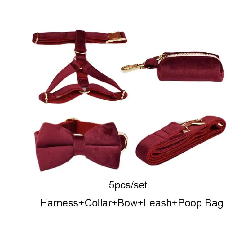 Red Wine Velvet Dog Harness Collar Leash Set Elegant Walking Wear by DDPaws